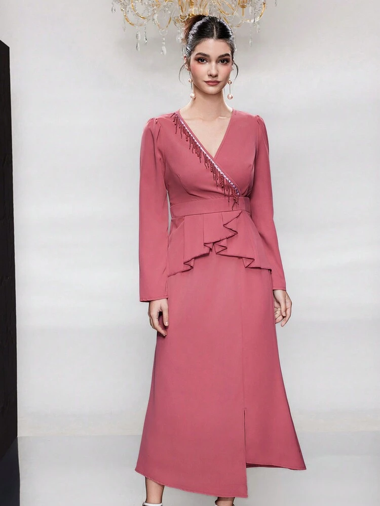 Women's Patchwork Ruffled Hem Puff Long-Sleeved Top And Skirt Two-Piece Set 2 Piece Set Fall Cloth For Women