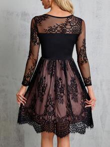 SHEIN Clasi Lace Patchwork Belted Dress, Semi Formal Dress