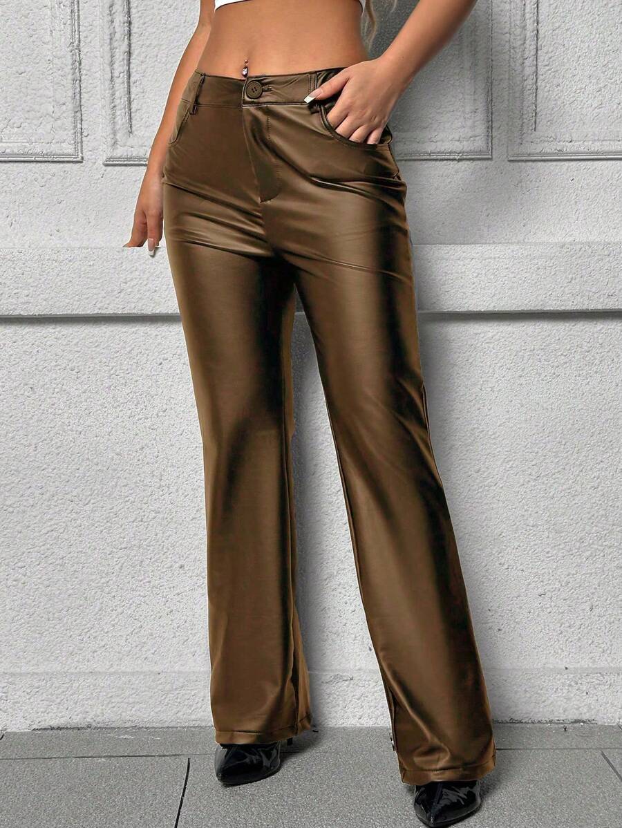 Grefit SHEIN Unity Pantalones Rectos De PU - Granate - Ver 1