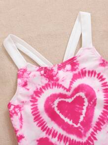 SHEIN Young Girls' Casual Tie-Dye Heart Print One-Piece Swimsuit With Skirt Set For Spring And Summer - Pink - View 8