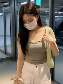 DAZY Của phụ nữ Màu thuần Cổ chữ V Thon gọn Áo thun , Lý tưởng Lớp cơ sở - màu xanh lá - Xem 4