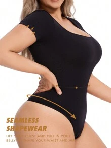 Plus Size Women's Seamless Short Sleeve Body Shaping Bodysuit With Thong - Black - View 3