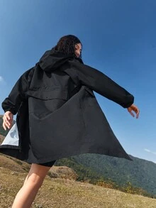 In My Nature Women's Long Sleeve Drawstring Waist Outdoor Raincoat - Black - View 3