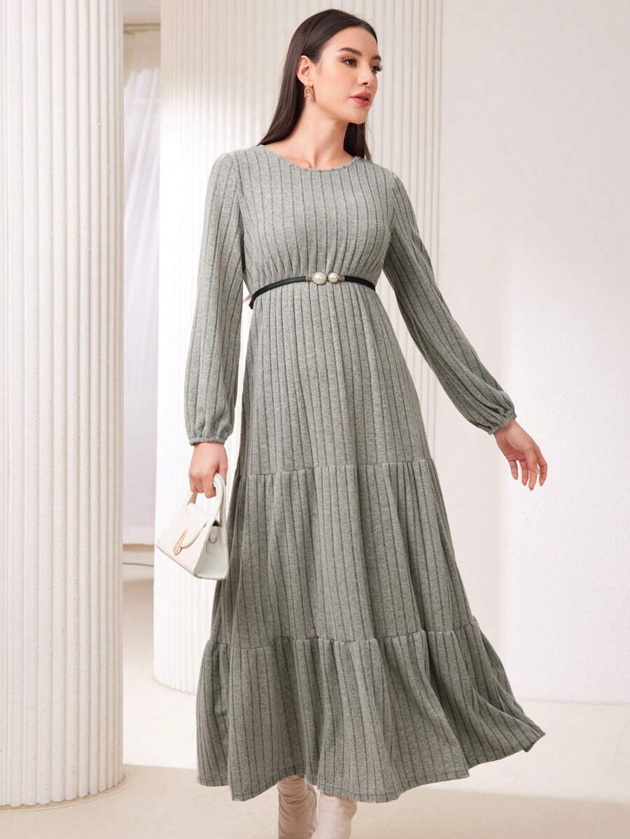 Mulvari Solid Color Ribbed Knitted Dress - Grey - View 1