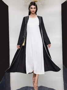 Al Najma 女士刺绣前开口流苏细节长袍，穆斯林时尚长袍，适合休闲/节日/聚会/旅行 - 黑色 - 查看 3