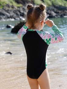 Young Girls' Tropical Printed Patchwork Long Sleeve Front Zipper One Piece Swimsuit For Spring/Summer - Multicolor - View 2