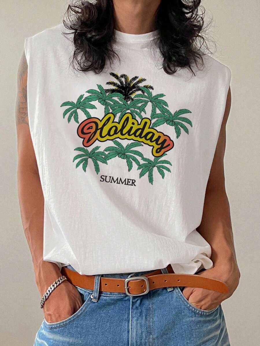 DAZY Men Coconut Tree & Letter Print Summer Tank Top - White - View 1