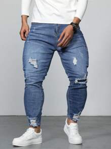 Manfinity LEGND Men's Plus Size Distressed Washed Jeans - Medium Wash - View 6