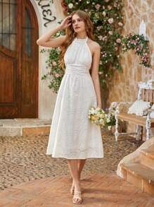 GENKIRA Embroidered Halterneck Tie Waist Dress For Women - White - View 6