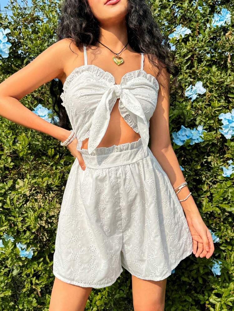 Women's Front-Tie Frill Edge Decorated Spaghetti Strap Romper