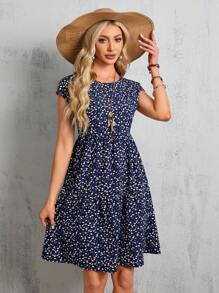 EMERY ROSE Vestido midi azul de manga corta y manga murciélago con estampado floral para mujer, vestidos de verano para mujeres