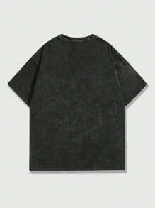 ROMWE MEN Street Life Men's Acid-Washed Short Sleeve T-Shirt With Slogan, Suitable For Spring And Summer Daily Wear - Black - View 2