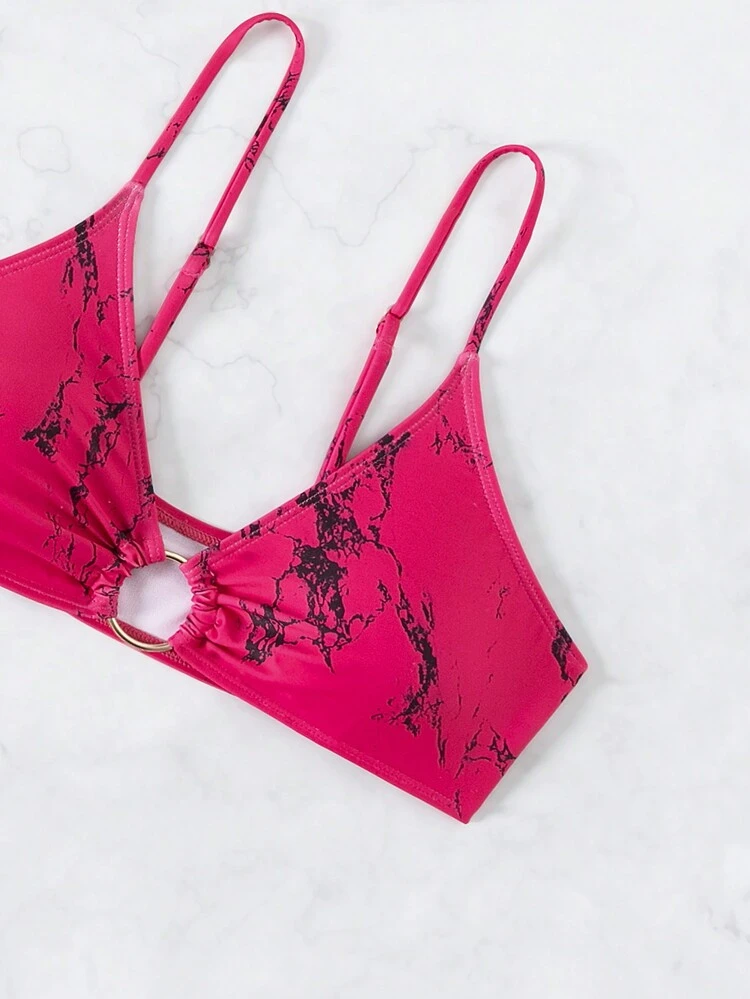 2pcs/Set Women's Marble Print Bikini Top With Spaghetti Straps Summer