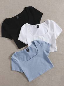 SHEIN EZwear 女士純色方領短袖t恤 - 霧霾藍 - 查看 3