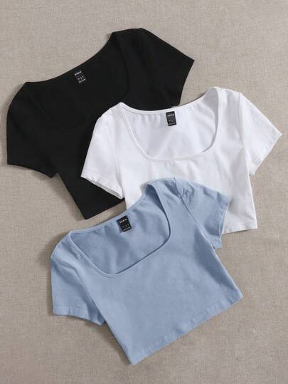 SHEIN EZwear قميص سادة قصير الأكمام برقبة مربعة للسيدات