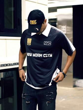 Manfinity Sporsity 男用字母印花拼色 Polo 衫