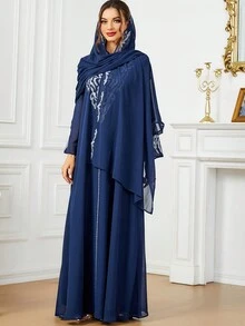 Embroidered V-Neck Long Sleeve Chiffon Modest Dress + Headscarf - Navy Blue - View 6