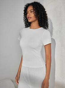 Ocili Leisure Comfy Solid Round Neck Short Sleeve Home Clothes Top-White - White - View 1