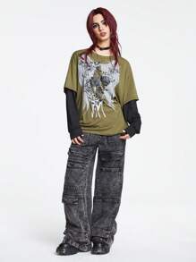 ROMWE Grunge Punk 2 In 1 Wings Print Drop Shoulder Tee - Army Green - View 1