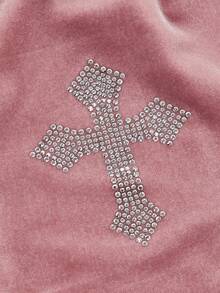 ROMWE Goth Plus Size Women's Y2k Style Cross Pattern Rhinestone Decor High Waisted Velvet Flared Pants - Pink - View 4