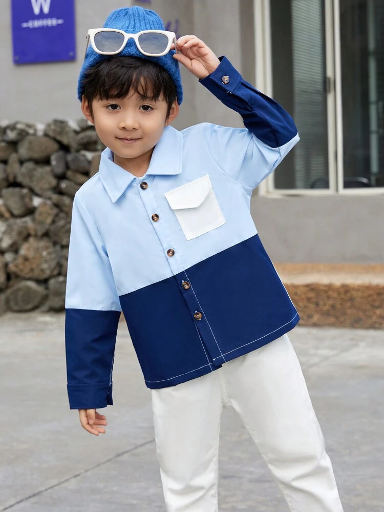 Young Boy Color Block Patchwork Shirt