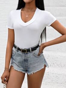 SHEIN Qutie Ladies' Solid Color V-Neck Short Sleeve T-Shirt - White - View 6