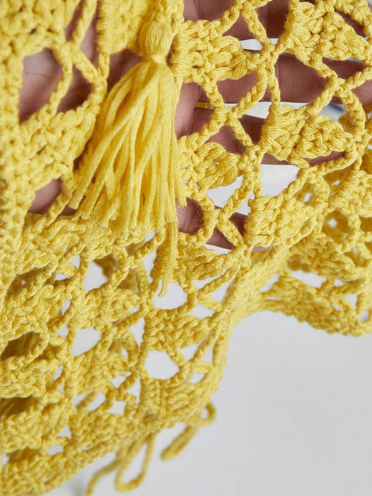 Solid Color Knitted Cutout Halter Neck Fringed Top