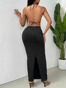 Allurite Women's Backless Dress With Rhinestone Chain Decoration - Black - View 2