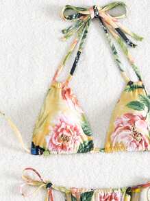 SHEIN Swim Conjunto de bikini de escote de halter con estampado floral para mujer, para la playa de verano