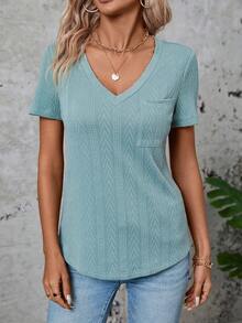 SHEIN LUNE Màu thuần Textured Túi vá Áo thun - màu xanh lá - Xem 4