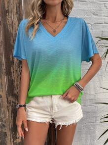 SHEIN LUNE Women's Gradient Printed V-Neck T-Shirt - Multicolor - View 3
