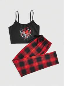 ROMWE Grunge Punk 哥特式蜘蛛印花吊带背心和格子裤睡衣套装，学校 - 彩色 - 查看 1