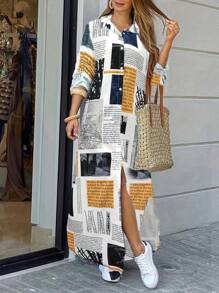 女士度假休闲报纸印花长衬衫