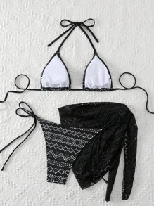SHEIN Swim Conjunto de bikini de tres piezas con abertura para mujer, para playa de verano - Negro - Ver 2