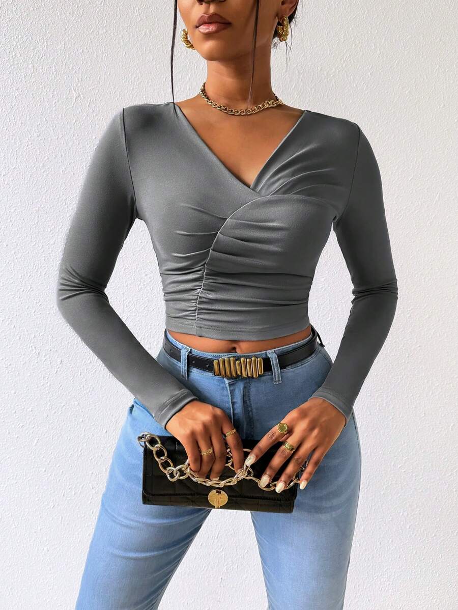 VaVaBold 女士短款褶皺修身t恤 - 灰色 - 查看 1