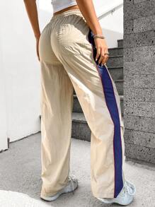 Flirla Side Contrast Decoration Wide Leg Pants - Brown - View 8