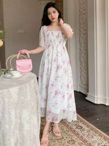 DAZY 女性花卉印花襯衫泡袖短裙,束腰設計 - 彩色 - 查看 4