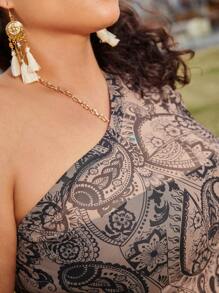 SHEIN Clasi Plus Size Women's One Shoulder Long Sleeve Top With Paisley Printed - Multicolor - View 4