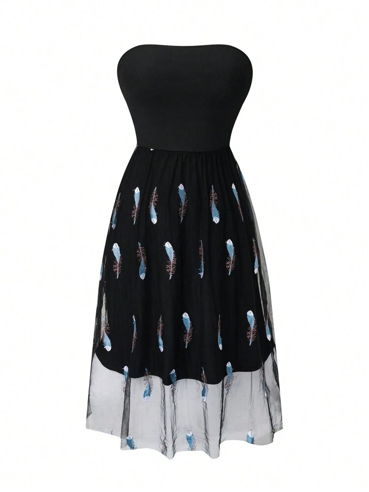 Plus Size Solid Color Mesh Spliced Strapless Dress