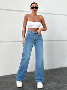 RueChic 松紧腰带轻洗直筒牛仔裤