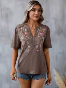 SHEIN LUNE Của phụ nữ Thêu hoa Áo thun Với Cổ áo có khía - Cà phê nâu - Xem 6