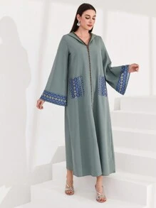 Al Najma Hooded Dress With Patchwork Design And Printed Ribbon Detail, Modest Kaftan