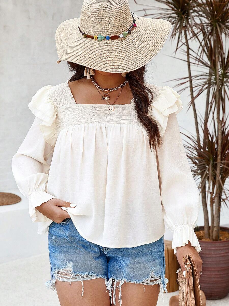 SHEIN Franclia Kích thước lớn Của phụ nữ Nếp uốn Ruffle Cạnh Trang trí Áo sơ mi - Màu be - Xem 1