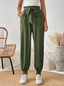 SHEIN LUNE Của phụ nữ Màu thuần Quần Với Túi - xanh quân đội - Xem 5