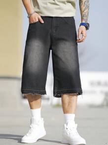 Manfinity Homme Pantaloni scurți din denim, cu tăiere lejeră, bărbați, pantaloni largi, negru, ieșiți în oraș Vintage Friends