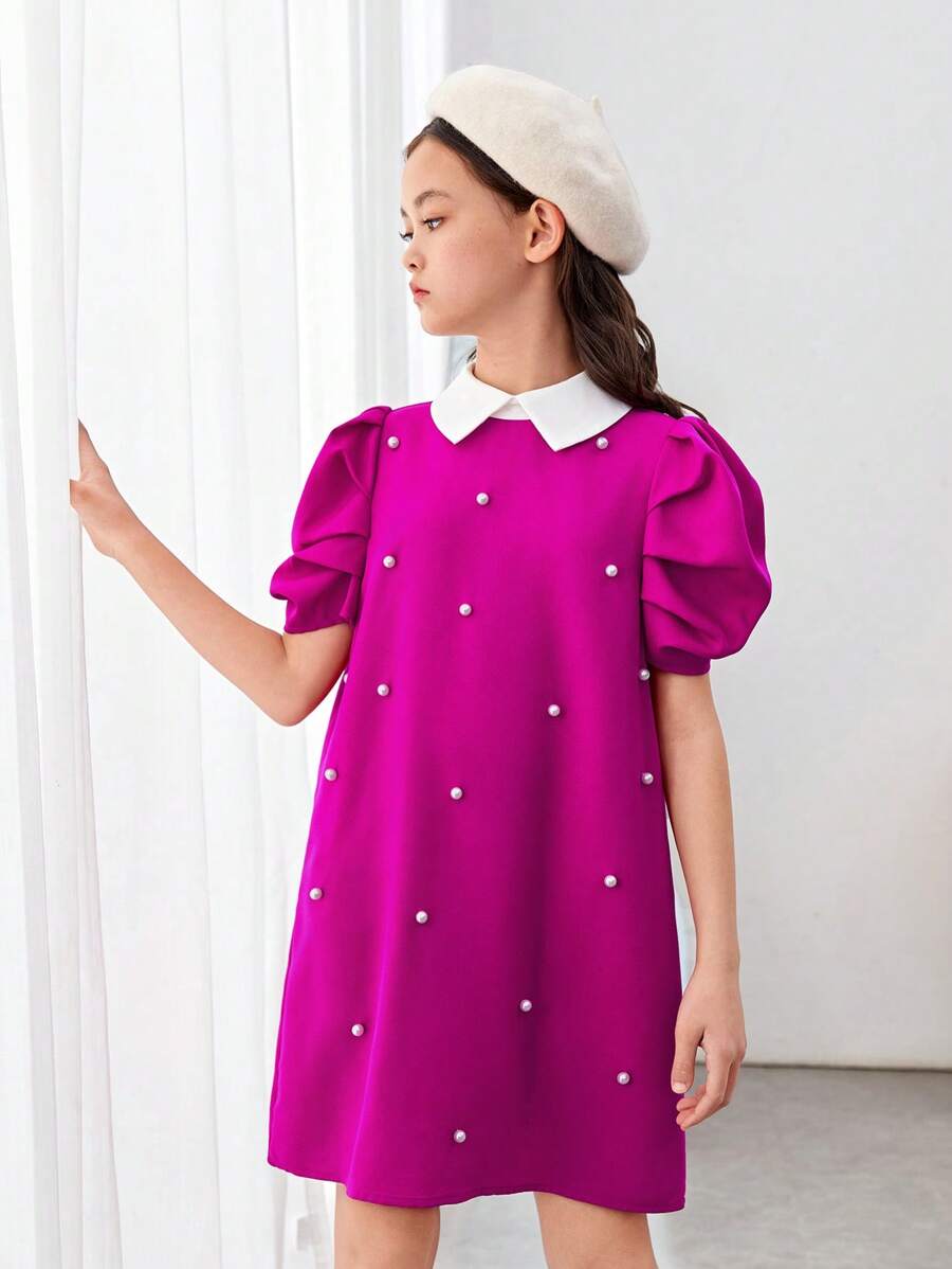 SHEIN Cô gái Tween Thể thao & Mát mẻ Đan Kết cườm Vòng cổ Đầm Đối với Mùa xuân/Mùa hè - Màu Hồng Tươi - Xem 1