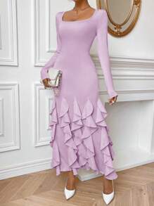 SHEIN Privé Women's Solid Color Frill Trim Fish Tail Bodycon Dress - Mauve Purple - View 5