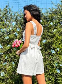 Soleia Jednolity kolor Pofałdowany Wiązanie Bez Rękawów Romper - Biały - Zobacz 3