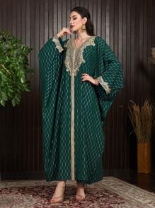 Al Najma Ladies' Turkish Long Shirt With Patchwork Woven Ribbon And Hot Stamping Batwing Sleeves Kaftan Jalabiya Dress - Dark Green - View 7