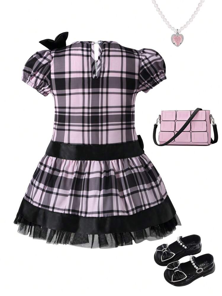 Baby Girls' Fashionable Retro Plaid Dress With Silk Ribbon, Bow Knot Decoration, Puff Sleeves, Low Waist And Fluffy Hem For Spring/Summer